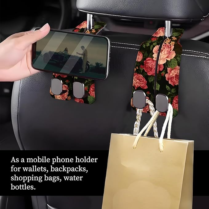 Car Seat Headrest Hook, Universal Leather Cute Hanger Holder Hook, Storage Organizer Interior Accessories for Purse Bags Handbag Cute Red Flowers