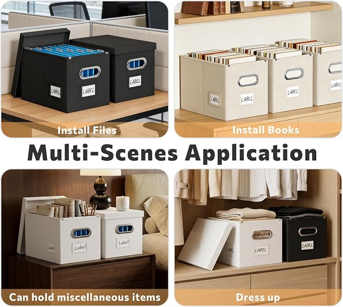 FHSQX File Box with Lid-File Organizer Box Set of 2 Portable Hanging File Box-Decorative Filing Storage Boxes for Office & Home File Cabinet (Beige, 14 x 9.3 x 10.9 in (3Pack))