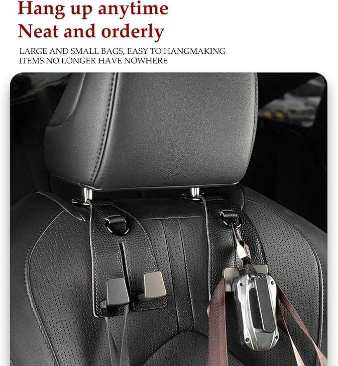Car Seat Headrest Hook, Leather Metal Dual Hook Vehicle Seat Back Storage Hanger Holder for Purses Coats Handbags, Automotive Backseat Organizer, Universal for Sedan Truck SUV (Grey)