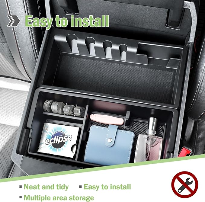 HGWEI Center Console Organizer Tray Compatible with 2023 2024 2025 2026 Ford F250 F350 F450 Super Duty Interior Accessories, Middle Armrest Storage Box Insert Compartent Divider, Black