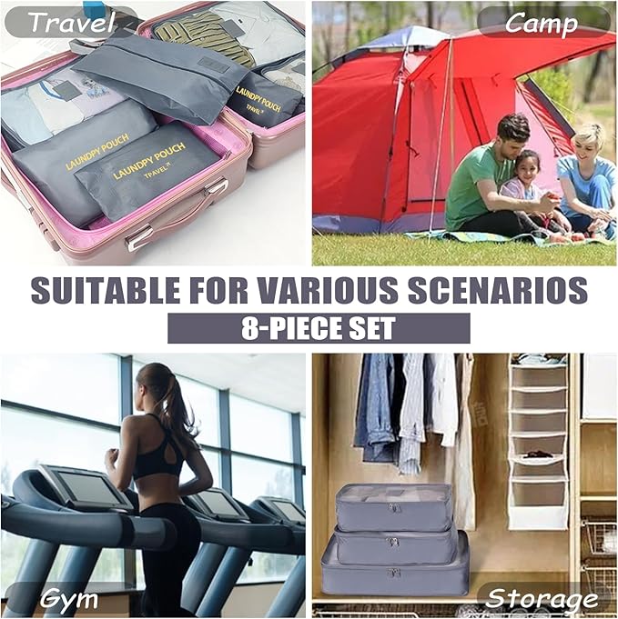 8 Set Packing Cubes for Travel Luggage Packing Bags Reusable Waterproof Suitcase Organizer Cubes Set with Shoe Bag and Toiletry Bag (Grey)