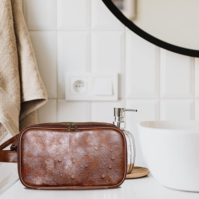 Personalized Leather Toiletry Bag for Men, Large Capacity Toiletry Travel Bag, PU Leather Waterproof Shaving Bag, Travel Essentials Customized Gifts for Husband, Groomsmen, Father's Day