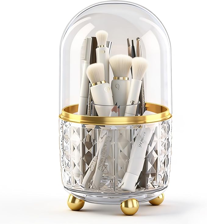 360° Rotating Pencil Holder for Desk, Makeup Brush Holder with 6 Slots, Desk Organizer for Writing Utensil, Office and School Supplies (Clear with cover)