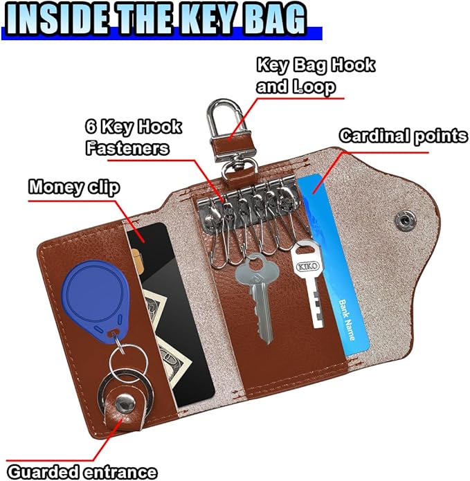Leather Car Key Case Holder, Remote Key Fob Case with Keychain & Snap Closure – Universal Smart Keys Pouch for Men Women, Coin Holder Protection Bag with Metal Hook (Brown)