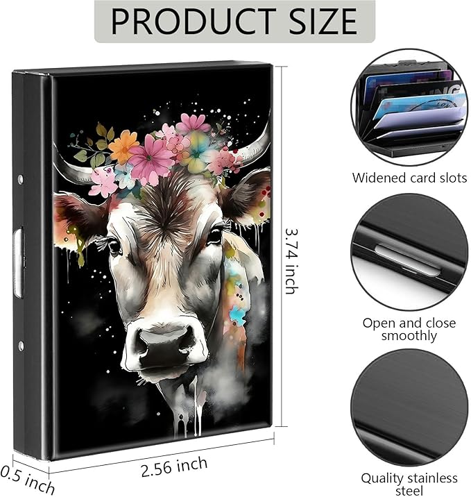Credit Card Holder, Watercolor Cow Design Mini RFID Blocking Aluminum Wallet Slim Metal Hard Case Shell Travel Wallet ID Case Small Credit Cards Case Business Cards for Women Men Girls