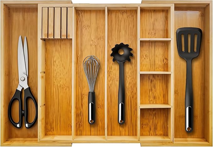Bamboo Expandable Drawer Organizer with Removable Dividers, 15"-22" Adjustable Tray for Kitchen Utensils, Makeup & Office Storage