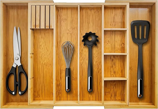 Bamboo Expandable Drawer Organizer with Removable Dividers, 15"-22" Adjustable Tray for Kitchen Utensils, Makeup & Office Storage