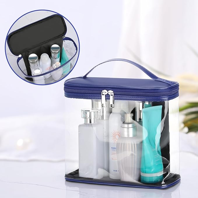 HAOGUAGUA Heavy Duty Leak Proof Clear Travel Bags for Toiletries, Transparent Makeup Cosmetic Bag with Zipper and Handle (1PCS BLUE, Large)