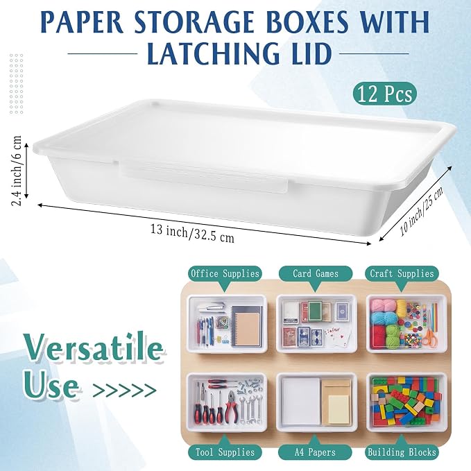 Tinlade 12 Pcs Classroom Paper Storage Bins with Clear Latching Lid, Label Stackable Letter Size Flat Tray Container for Teacher Back to School Supplies Home Office Desk Arts Crafts (White,13x10in)