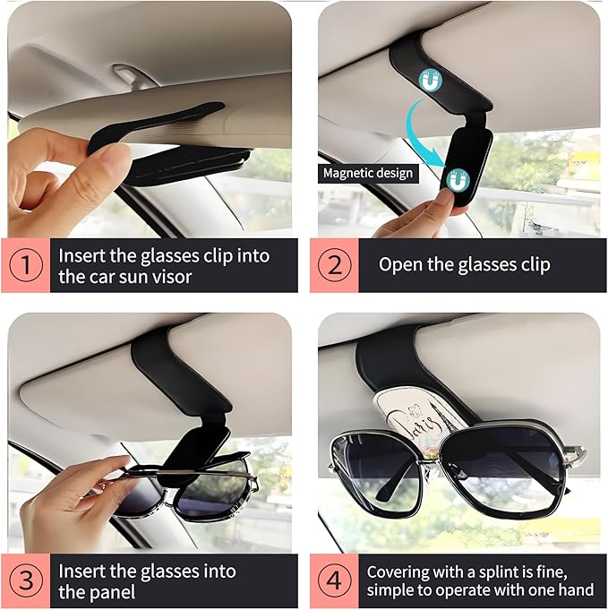 Sunglasses Holder for Car Visor, PU Leather Glasses Clip Organizer, Cute Magnetic Eyeglass Holder for Vehicle Sun Visor, Car Interior Accessory for Women & Men Paris Eiffel Sketch