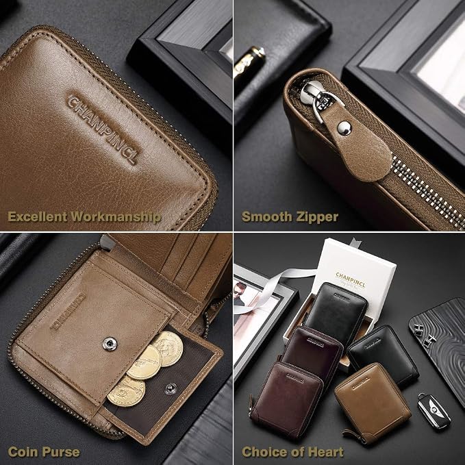 Mens Genuine Leather Zipper Wallet RFID Secure Large Capacity Double Fold Multi-card Leather Wallets for Men and coin purse