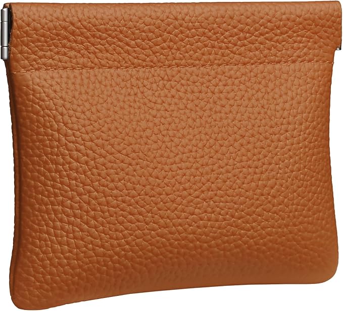Genuine Leather Squeeze Coin Purse Pouch Change Holder For Men & Women Mini Change Purse Pouch for Pocket, Small Pouch Credit Card Key Headset Lipstick Holder (Brown)