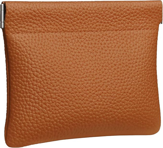 Genuine Leather Squeeze Coin Purse Pouch Change Holder For Men & Women Mini Change Purse Pouch for Pocket, Small Pouch Credit Card Key Headset Lipstick Holder (Brown)