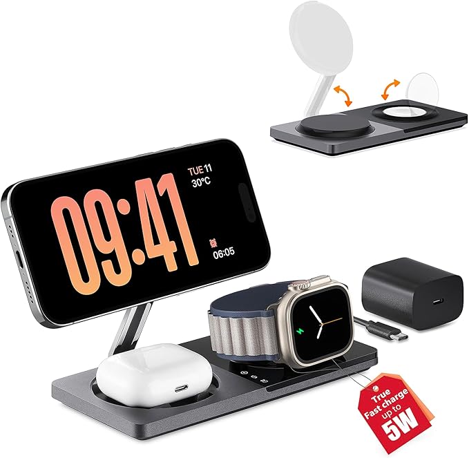 3 in 1 Charging Station for Apple Devices: Mag-Safe Charger Stand Fast Charging, Wireless Charger for iPhone 17 Air 16 15 14 13 12 Series, Apple Watch Series 1-9/Ultra, AirPods Pro (Black)