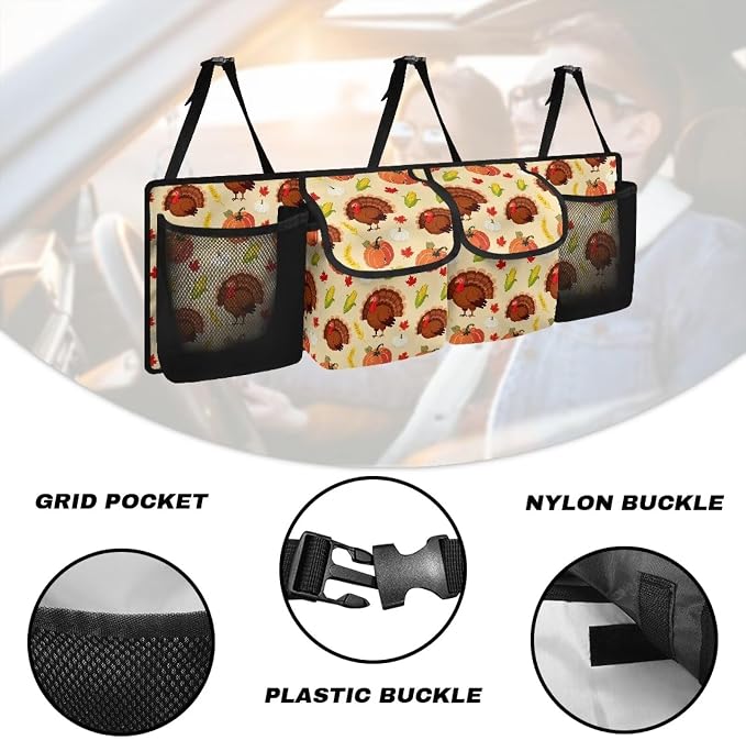 Thanksgiving Turkey Pumpkins Trunk Organizer, Collapsible Multi Pocket Car Organizer, Foldable SUV Storage Bag Car Accessories for Women Men, 3 Adjustable Straps