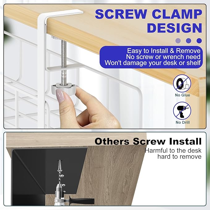 Under Desk Cable Management Tray, 31.5'' No Drill Heavy Duty Steel Cable Tray Organizers, Wire Management Tray Cable Rack with Clamp Mount, Adjustable Metal Under Desk Tray (White, 2 Pack)