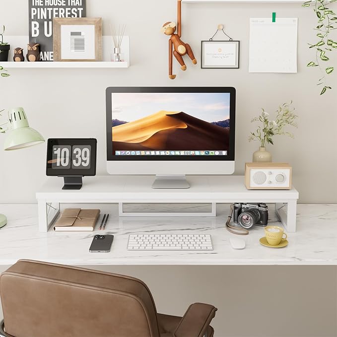 IBUYKE Large Dual Monitor Stand Riser for 2 Monitors, Wooden Desktop Computer Monitor Stand Storage Shelf and Steel Legs,Dual Screen Office Desk,Monitor Riser for Computer, Printer,Laptop,TV,White UTDJ002W