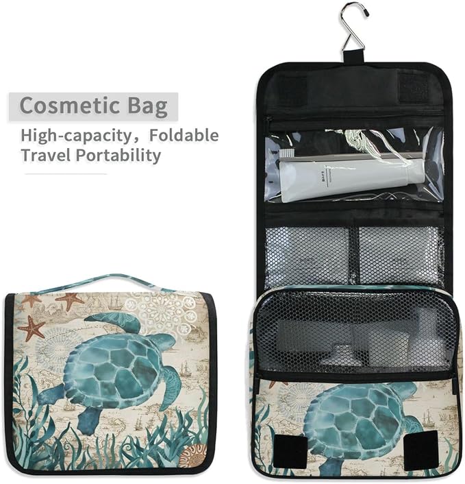senya Hanging Travel Toiletry Bag Kit Makeup Case Cosmetics Organizer for Men Women (Sea Lives Turtle Coral)