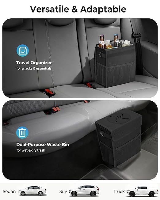 Corduroy Car Trash Can with Lid and Mesh Pockets - Leakproof Organizer,Multipurpose Waterproof Garbage Can/Trash Bin for Car(Black-3 Gallons)
