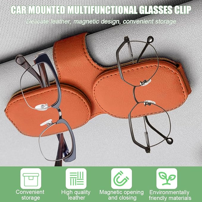 Sunglasses Holders for Car Visor, Magnetic Leather Vehicle Glasses Hanger with 2 Clips, Auto Interior Eyeglass Mount Organizer Accessories, Universal Fit(Orange)