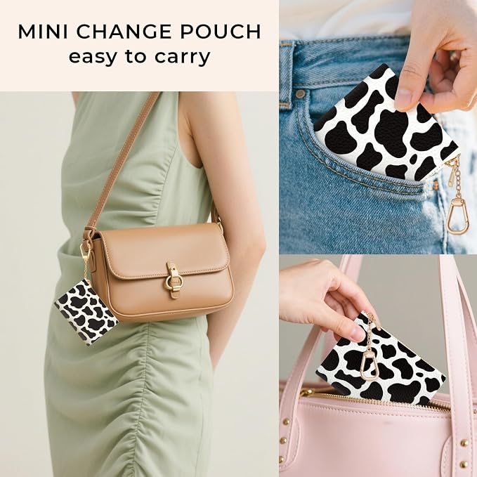 Cow Keychain Coin Purse for Women, Small PU Leather Change Pouch, Zipper Little Tiny Travel Wallet for Girls, Cute Kawaii Zip Pocket Coin Holder with Key Ring