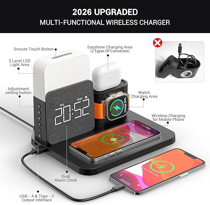7 in 1 Charging Station for iPhone, Wireless Charging Station, Alarm Clock, Night Light, Wireless Charger for iPhone 17 16 15 14 13 12 Pro Max & Apple Watch - Charging Stand Dock for AirPods(Black)