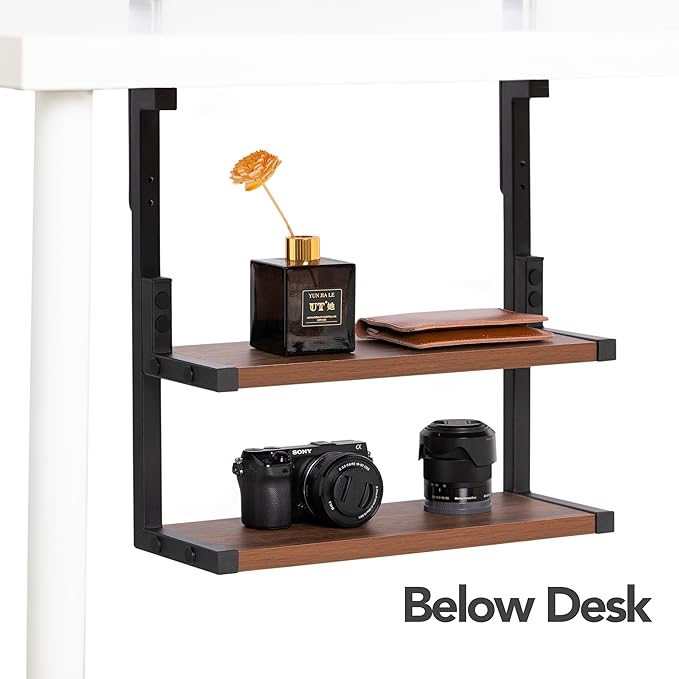 Clamp on Desk Shelf 2-Tier Shelving Unit Table Organizer Above or Under Desk, Storage Tray Desk Workspace Organizers Desktop Storage Table Extender for Office Home (15.7 * 5.9 inch)