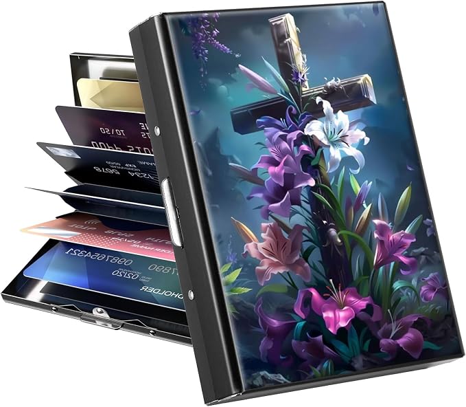 Metal Wallet for Women Men Girls, RFID Blocking Slim Aluminum Credit Card Holder, Mini Travel Wallet with Hard Shell, Lightweight ID & Business Card Case,Christian Jesus Cross Flower