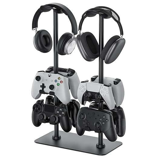 MANMUVIMO Headset Stand Controller Holder for 2 Headset and 8 Controller, Headphone Stand Gaming Controller Holder for PS5 Xbox Airpods Beats Bose, Gaming Room Accessories, Gamer Gifts for Men