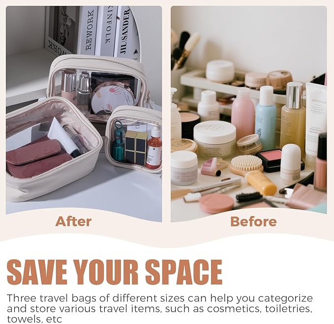 BS-MALL Toiletry Bag Waterproof Makeup Organizer Travel Size Clear - Makeup Cosmetic Organizer Water-resistant Portable Pouch PU Leather Washable Travel Essentials Makeup Bag 3 Pack