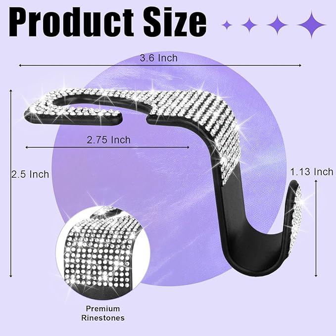 BFXM 6 Pack Bling Car Seat Headrest Hooks, Rhinestone Purse Hook for Car, Universal Storage Organizer for Handbag Grocery Bags Coats, Bling Car Accessories for Women (Bling White)
