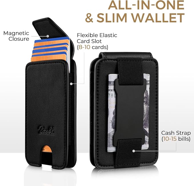 Zitahli Slim Wallet for Men Front Pocket – Thin Minimalist Credit Card Holder with Magnetic Closure & Elastic Cash Strap, RFID Blocking Wallet Holds up to 10 Cards & 15 Bills