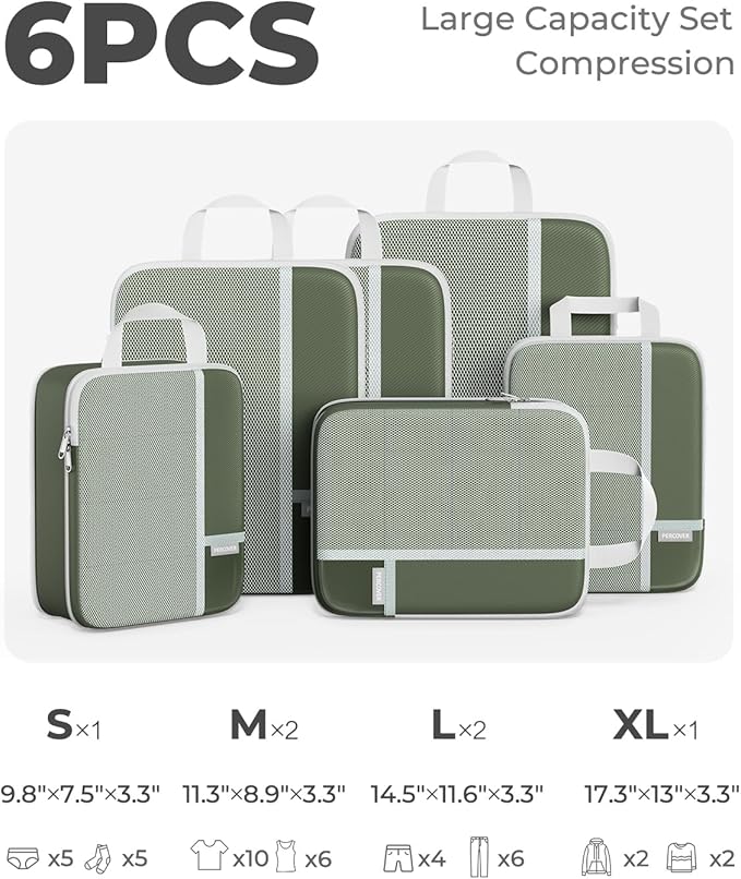 Percover Compression Packing Cubes 6-Piece Set, Packing Cubes Compression for Travel with Multi-Size Organization, Travel Organizer for Carry On & Checked Luggage, Green