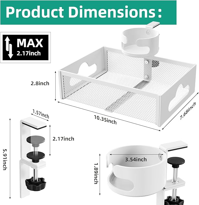 Desk Cup Holder with Drawer Organizer, Anti-Spill Clip-On Table Cup Hook with 360° Rotation Hidden Storage Box for Office Home Gaming Table (White)