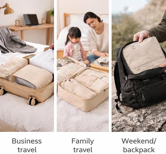 7 Set Packing Cubes For Travel | Luggage Organizer Bags With Shoe, Laundry Bag, Accessory Pouch And Lingerie Bag | Durable And Space Saving Suitcase Organizer For Travel Essentials | Beige