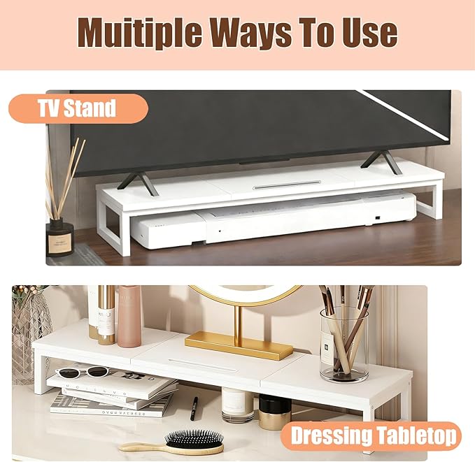 Dual Monitor Stand Riser, 38.7'' Long Wood and Steel Monitor Stand for 2 Monitors, Ergonomic Desktop Organizer with Tablet Stand for Computer,Laptop,TV (White)