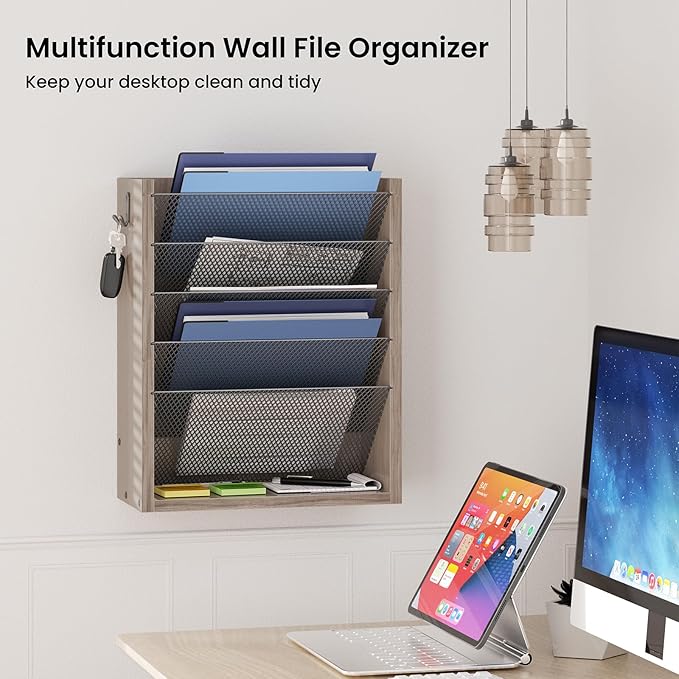 Mail Organizer Wall Mounted, 6-Tier Wall File Organizer with 2 Hooks, Wooden Desk Organizer Magazine Holder with Bottom Flat Tray, for Office Home, Greige