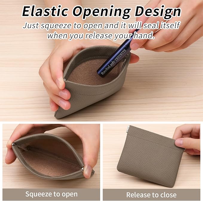 Genuine Leather Squeeze Coin Purse Pouch Change Holder For Men & Women Mini Change Purse Pouch for Pocket, Small Pouch Credit Card Key Headset Lipstick Holder (Grey)