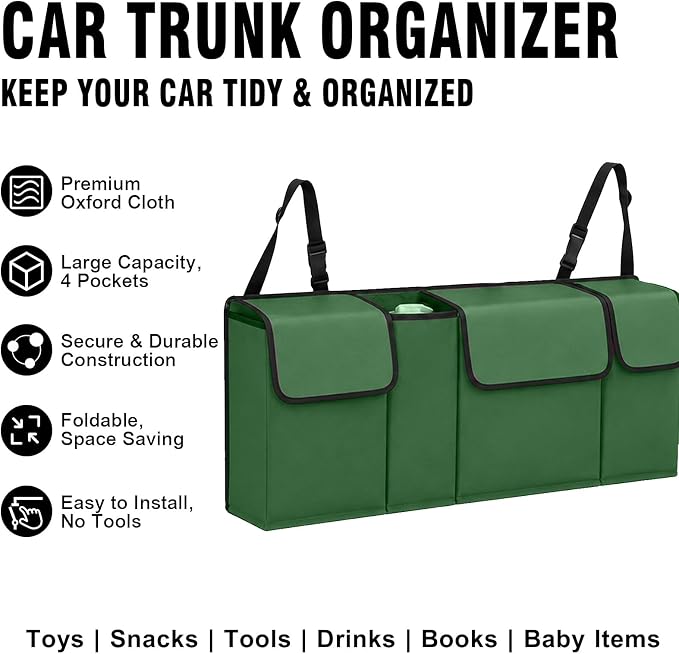 Car Trunk Organizer – Backseat Hanging Large Storage Bag with Adjustable Straps, Waterproof Collapsible Cargo Organizer with 4 Pockets, Space-Saving Trunk Storage for SUV Truck MPV (Green)
