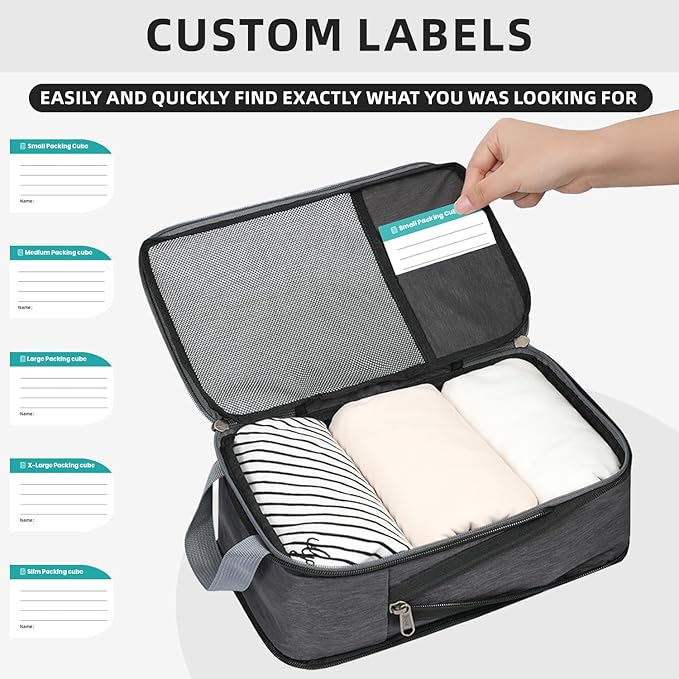 BAGAIL 6 Set Lightweight Compression Packing Cubes with Packing List, Anti-Tearing Expandable Organizer Bags for Travel, Dark Grey