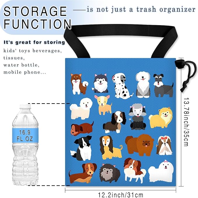 Car Trash Bag Hanging Back of Seat Waterproof Small Cute Printed One-Handed Strap Drawstring Garbage Bags for Car-Cute Animal Dogs