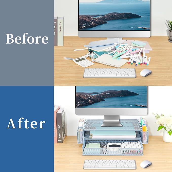 AUPSEN Computer Monitor Stands Riserï¼?-Tier Desk Organizers and Accessories, Office Desk Accessories Organizer with Drawers and 2 Pen Holder for Office Supplies (Blue)