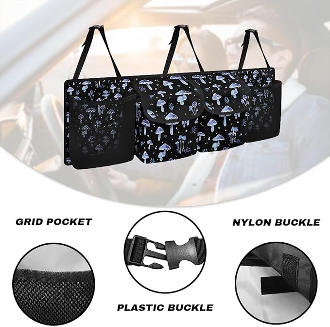Car Trunk Organizer,Collapsible Large Capacity Auto Backseat Hanging Storage Bag with Adjustable Strap & 4 Pockets,Keep Trunk Clean and Tidy(Blue Mushroom Pattern)