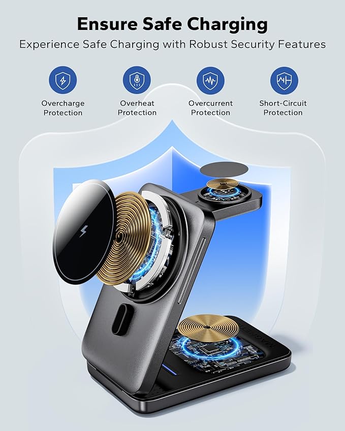 KPON Foldable 3in1 Charging Station for Magsafe, Travel Phone and Watch Charger for Apple, Wireless Charging Dock for Multiple Devices iPhone 17 16 15 14 13 12 Series/Apple Watch/Airpods