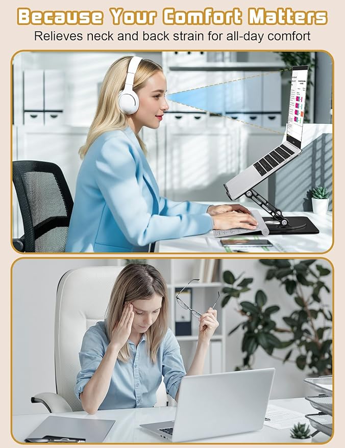 Adjustable Laptop Stand for Desk-360° Rotating Base Aluminum Laptop Riser,Ergonomic Computer Stand for Office Home MacBook Pro/Air Dell HP up to 16'',Black