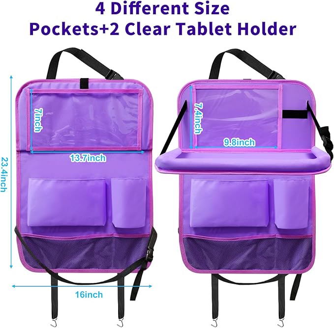 Car Backseat Organizer with Tray, Seat Back Table Holder with 6 Storage Pockets, Car Seat Back Protectors Kick Mats Travel Accessories, 1 Pc Purple