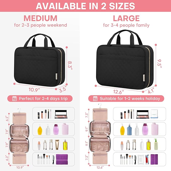 HXLGMD Travel Size Toiletry Bag for Women, Portable Cosmetic Bag with Hanging Hook, Travel Essentials Water-resistant Makeup Organizer for Accessories, Shampoo, Full-size Container, Toiletries