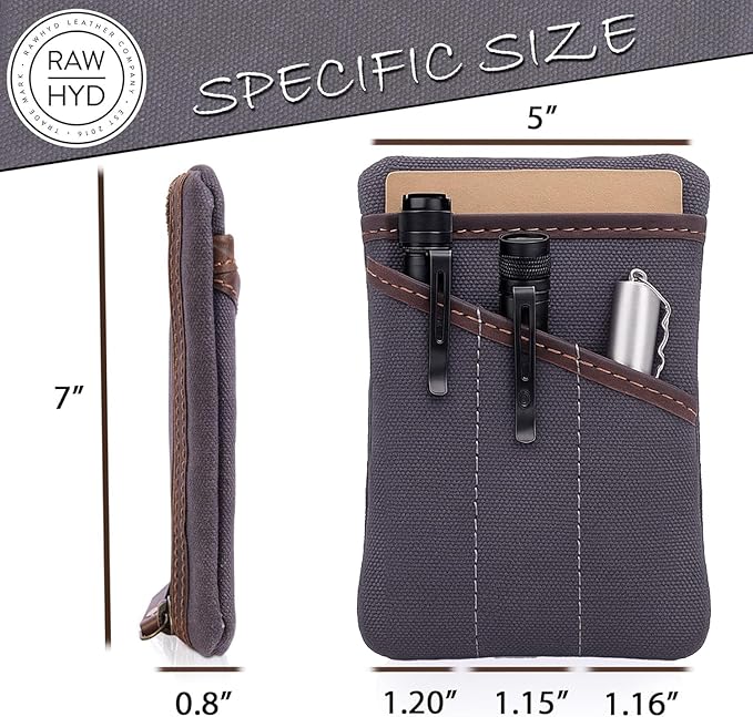 Waxed Canvas EDC Pocket Organizer for Men - Multi-Tool Back Pocket Pouch for Phone/Notebook, Pen, & EDC Gear - Water-Repellent Leather Tool Pouch, Sizes: 6” x 4” & 7” x 5”