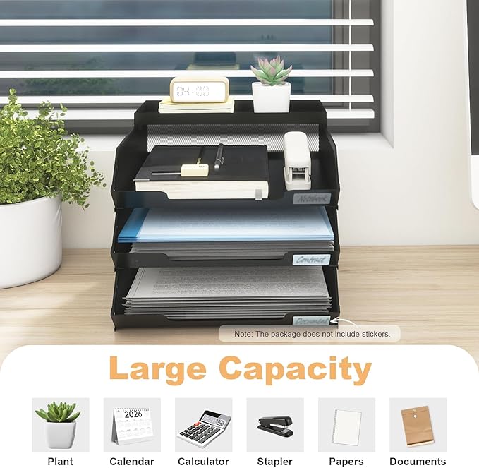 Natwind 3-Tier Stackable Metal Mesh Paper Organizer with Sliding Tray,Black | Desk Organizer for Office Supplies, Letter Tray For Desktop,File Holder For Home School Classroom Organization