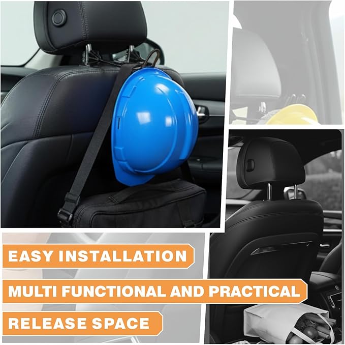 2 Pack Heavy Duty Dual Hook Helmet Rack for Truck, Adjustable Headrest Hanger, Hard Hat Holder Vehicle Accessory (Left)
